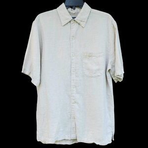 Lands End Mens Medium Linen Beige Short Sleeve Button Shirt 15-15.5